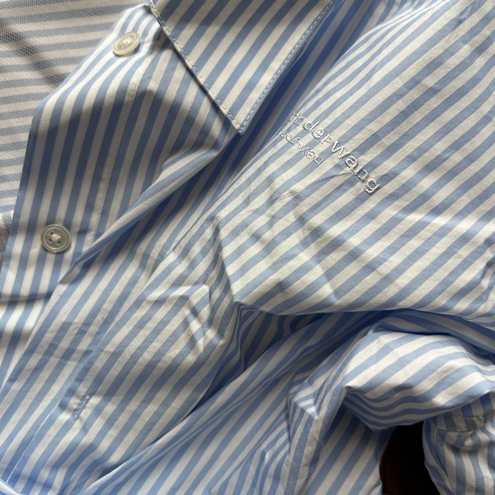 SOLD! Alexander Wang Off Shoulder Asymmetric Striped Mesh Accent Poplin Top 2 - Picture 9 of 17